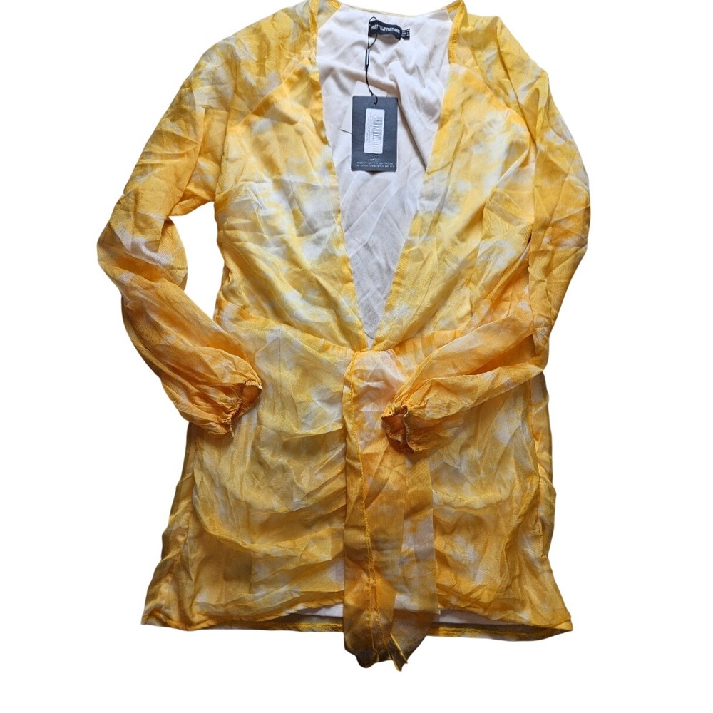 PrettyLittleThing Chartreuse Tie Dye Chiffon Long Sleeve‎ Blouse Yellow 12